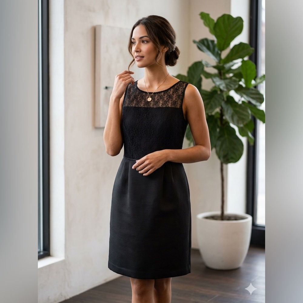 Tahari Black Lace Yoke Midi Sheath Dress
